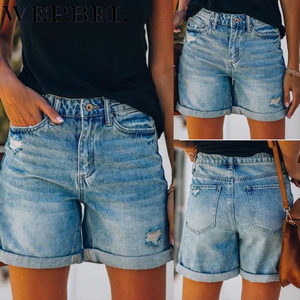

wepbel shorts summer ripped women jean pockets button high waist fashion hole washed denim, Blue