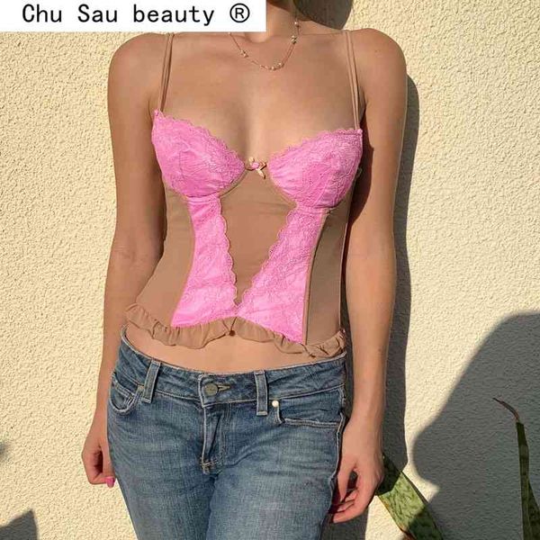 

fashion summer vintage lace patchwork y2k short sling style backless trend bow sleeveless crop camis club 210508, White
