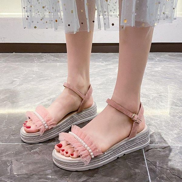 

platform wedge sandals women pearl thick sole shoes summer casual outdoor open toe buckle mujer 2021, Black