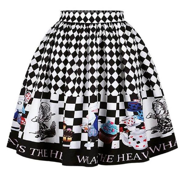 

skirts summer style vintage check midi skirt women elastic high waist large swing ball gown ladies skater cocktail party, Black