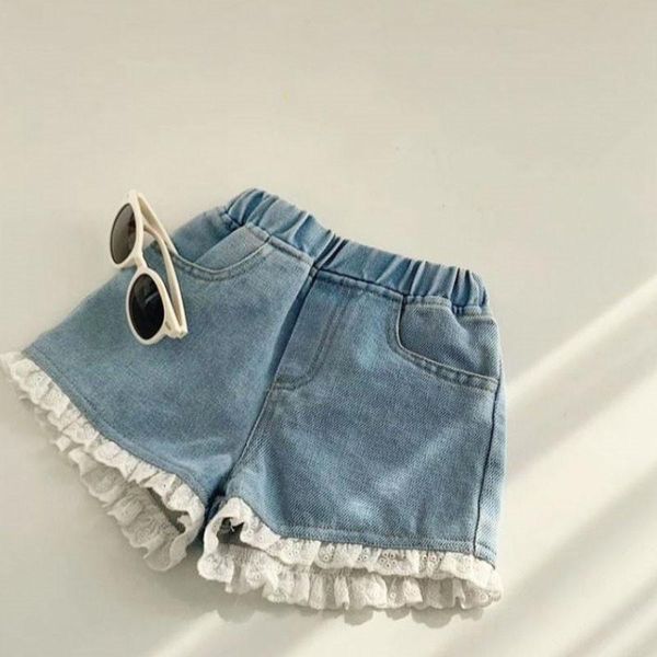 

shorts 2021 jeans girls toddlers baby clothes summer leisure ruffled lace denim, Black