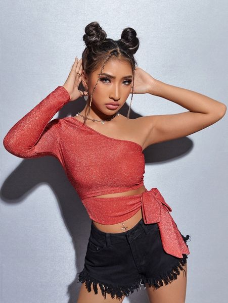 

glitter cut out one shoulder tie side crop a1ge#, White