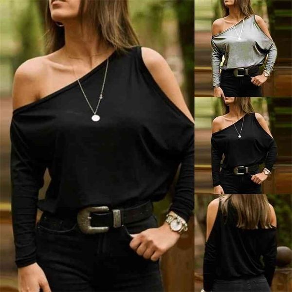 

woman summer solid color skew collar tshirts one shoulder shirt causal long sleeve tee basic clothing streetwear d25 210330, White