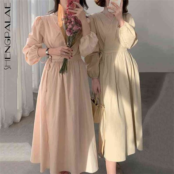 

shengpllae minimalist one piece dress women's spring v-neck cross lace up waist puff sleeve mid-calf dresses 5c316 210427, Black;gray