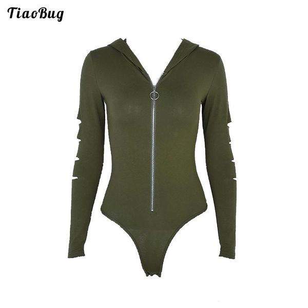 

spring summer women hooded hoodie bodysuit long sleeves ripped front zipper closure press buttons at crotch leotard one-piece suits