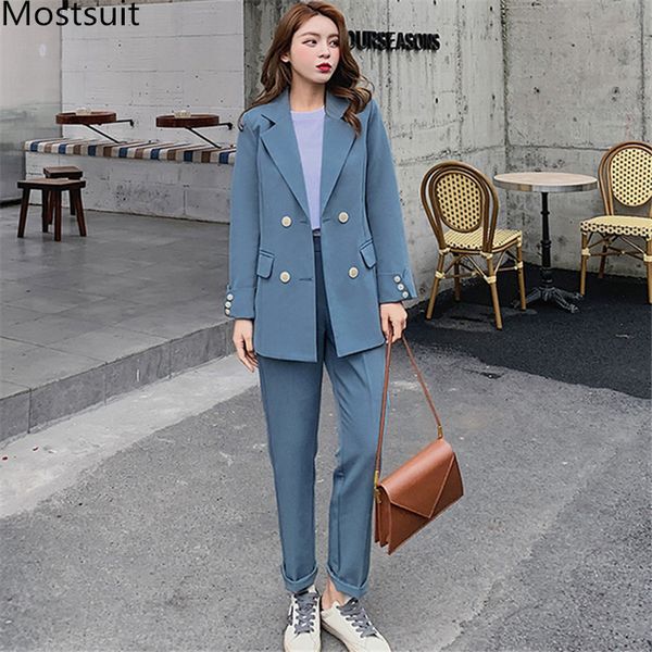 

casual korean women pant suits sets notched collar blazer jacket + pants blue female suit spring autumn 210518, White;black