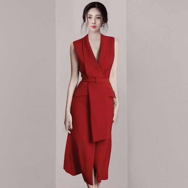 

designer brand clothing runway summer women red sleeveless notched female elegant slim a-line party midi dress 210514, Black;gray