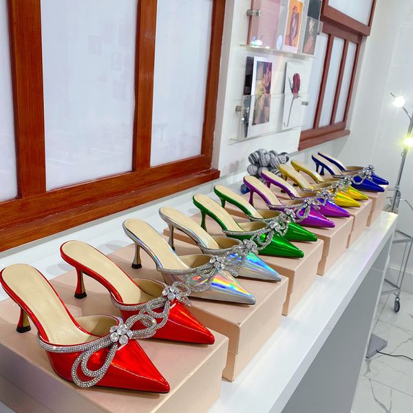 

genuine leather mach slippers heeled sandals rhinestone bow decorative evening women shoes luxury designer sandal fashion 6.5cm middle heel, Black