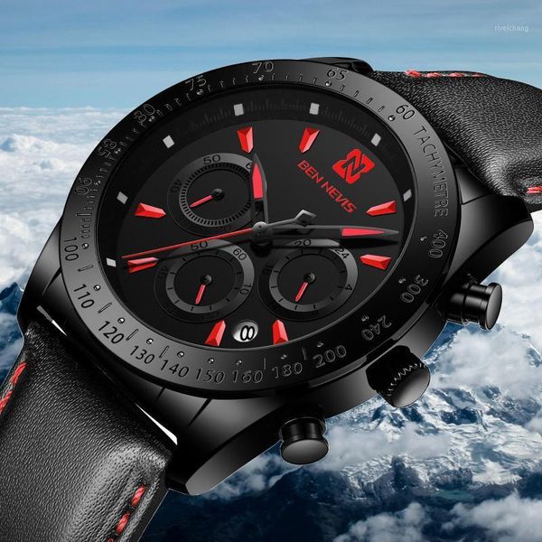 

40mm ben quartz casual sports watch multi-function three-eye waterproof black leather men's montre homme wristwatches, Slivery;brown