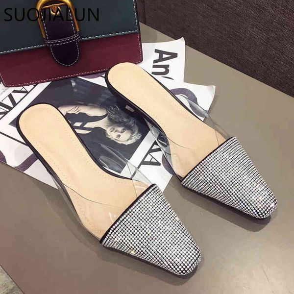 

suojialun 2019 new spring summer women pointed toe mules shoes brand bling crystal med heel slippers sandal outdoor slipper c0330, Black