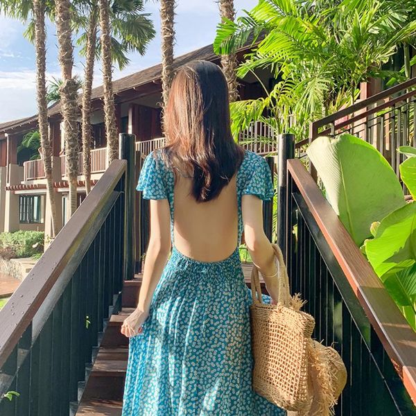 

casual dresses philosophy 2021 bohemian printed blue backless summer floral beach vacation dress female v-neck irregular vestidos, Black;gray