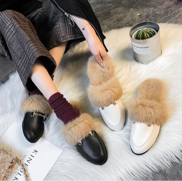 

baotou ms sandals wear fur leather 2021 winter plush pea shoes fashionable casual warm women slippers, Black