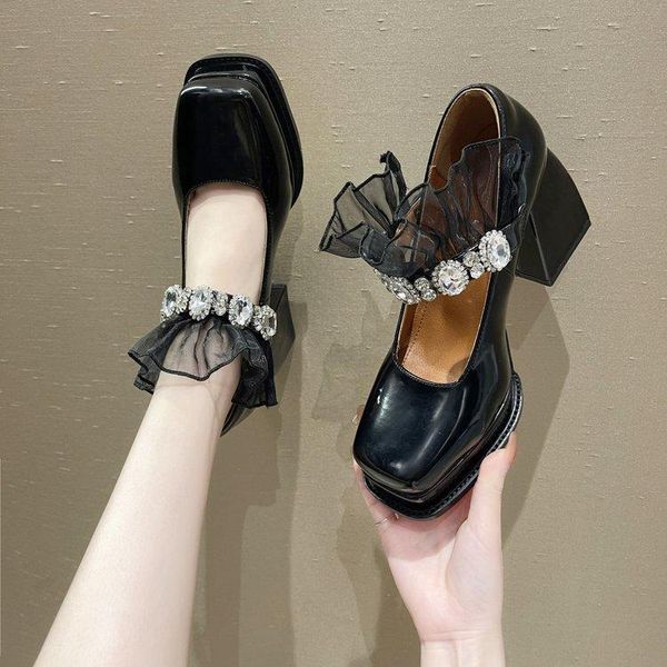 

dress shoes mary jane high heels women square toe chunky platform pumps retro fashion one strap buckle leather 2021 spring, Black