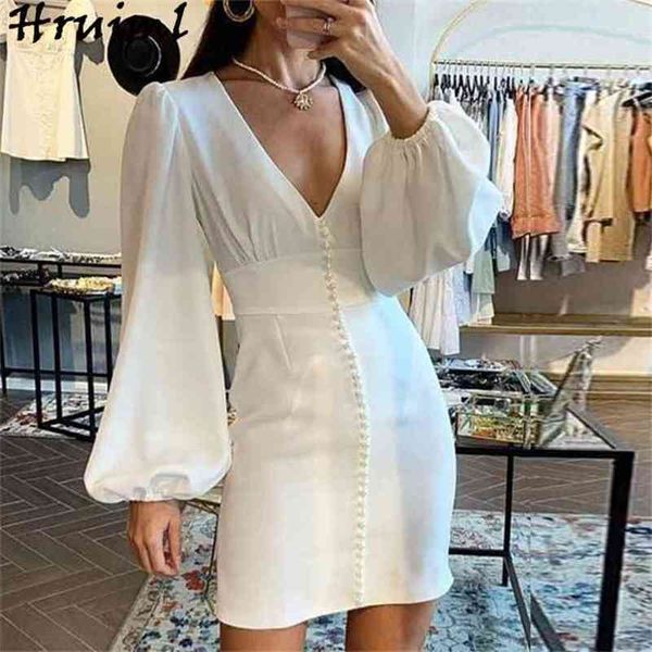 Manga comprida Bodycon vestido branco v neck peral decorado mulheres mini moda sexy elegante partido clube verão fêmea 210513