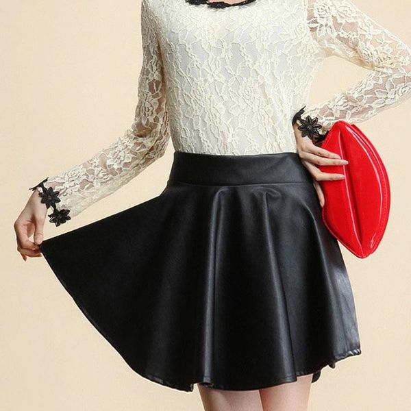 

skirts chsdcsi pleated women faux leather vintageelastic high waist skater flared stretch black wine red mini skirt girls
