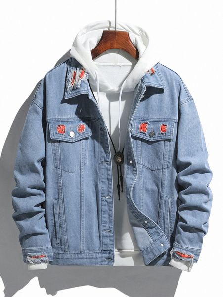 

men ripped patched denim jacket without hoodie x4m5#, Blue