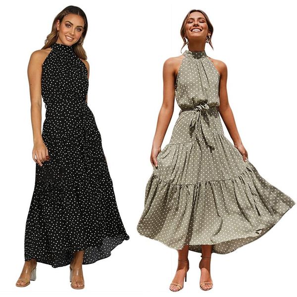 

casual dresses women sleeveless dress o-neck polka dot elegant evening party fashion loose long, Black;gray
