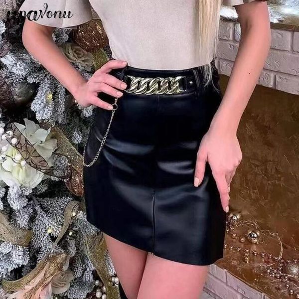 

skirts 2021 women black faux leather pu skirt high waist belt skinny mini celebrity club party