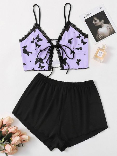 

plus butterfly contrast lace cami with shorts pajama set g03e#, Black;white