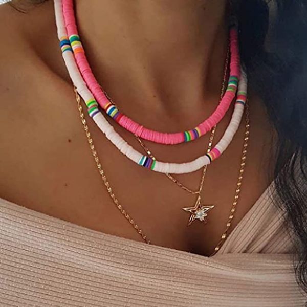 

bracelet bohemian short neck chain handmade disc 6mm mixed color soft pottery necklace clavicle, Golden;silver