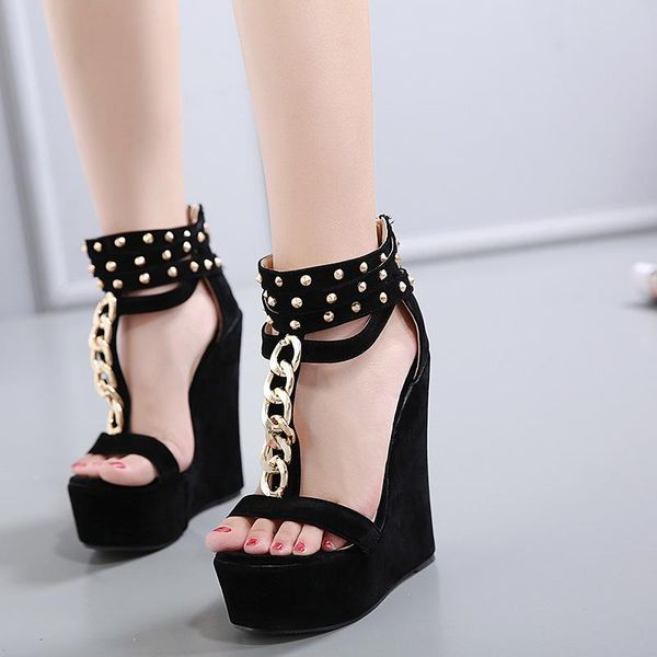 

sandals 2021 roman style metal chain rivet wedge fashion temperament women, Black