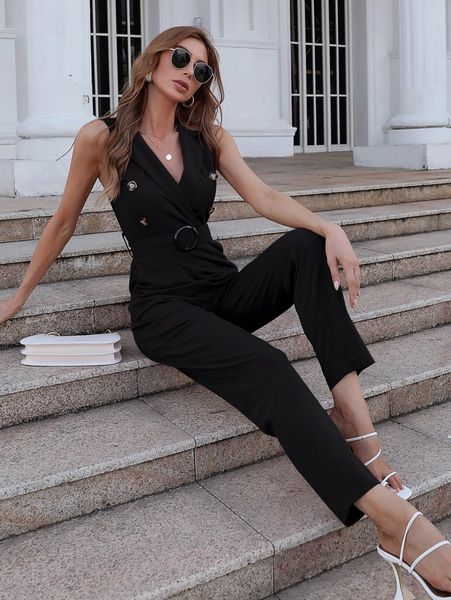 

lapel collar sleeveless belted jumpsuit m22b#, White