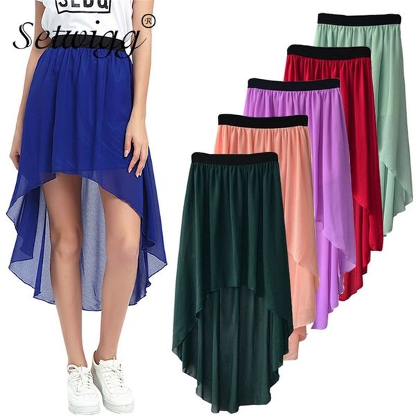 

setwigg summer bohemian style dip hem long chiffon skirts elastic waist high low long pleated asymmetric chiffon skirts 15 color 210412, Black