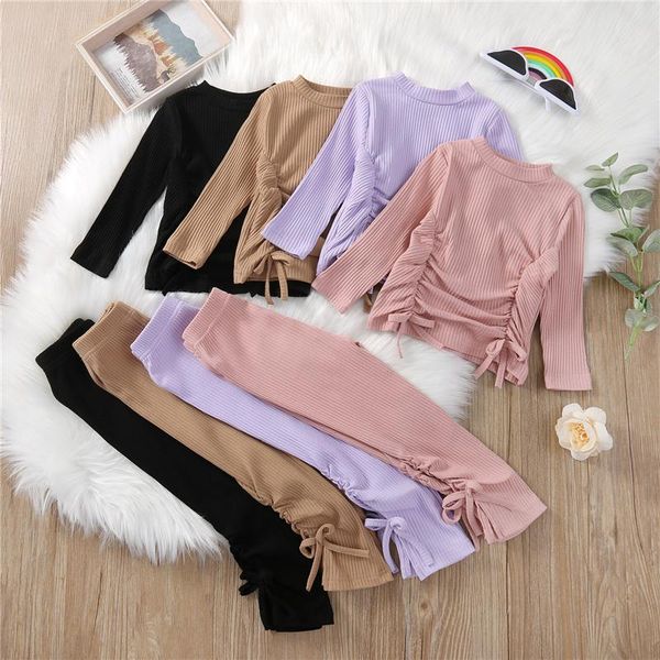 

clothing sets kids baby girls solid color clothes set long sleeve o-neck ribbed shirred pants spring fall casual outfits, 18months-6yea, White