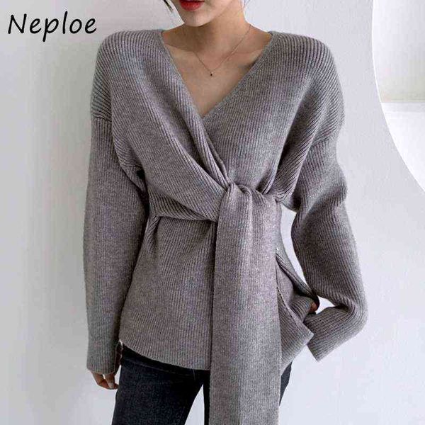 

neploe chic criss-cross v-neck side sweater woman bandage slim waist design knitted mujer long-sleeved sweaters autumn new y1110, White;black