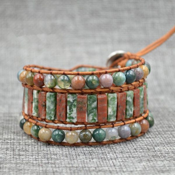 

beaded, strands joursneige boho bracelets color natural stone leather wrap bracelet cuff vintage hand weaving 3 layers jewelry, Black