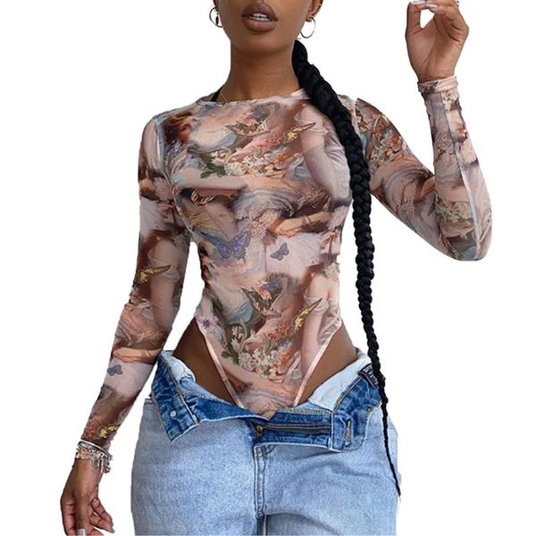 

women's jumpsuits & rompers vintage butterfly print skinny bodysuits women long sleeve crew neck club fashion leotard basic romper, Black;white