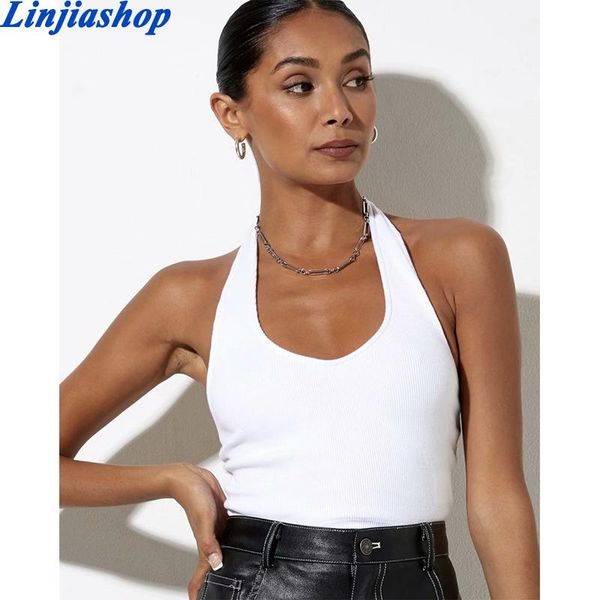 

women's tanks & camis white black halter backless tank for women streetwear 2021 sleeveless ribbed knit vest cropped feminino