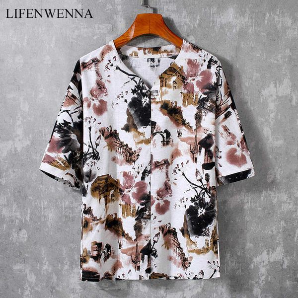 

lifenwenna fashion buckle v neck short sleeve t shirt men summer casual flower print cotton linen men's hip hop tees 5xl 210528, White;black