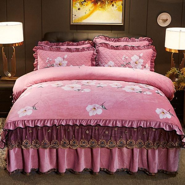 

bedding sets velvet comforter  print duvet cover set 200x230cm king size floral fitted lace bedskirt soft warm luxury 4pcs