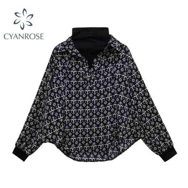 

fake two piece vintage print shirt women patchwork knitted turtleneck spring long sleeve casual loose female blouse 210430, White