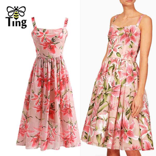 

runway designer lily flower printing summer a line party night dresses lady elegant strap knee length midi dress 210513, Black;gray