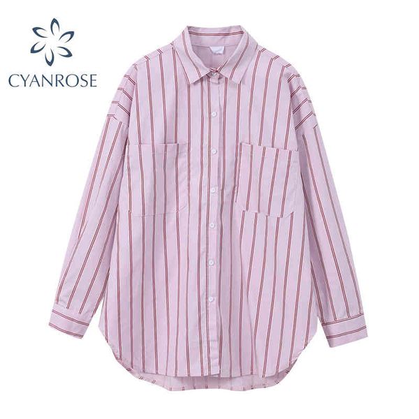 

pink&blue striped blouse spring women shirt bf oversized long sleeve coupel blusas streetwear tide harajuku casual ins 210417, White
