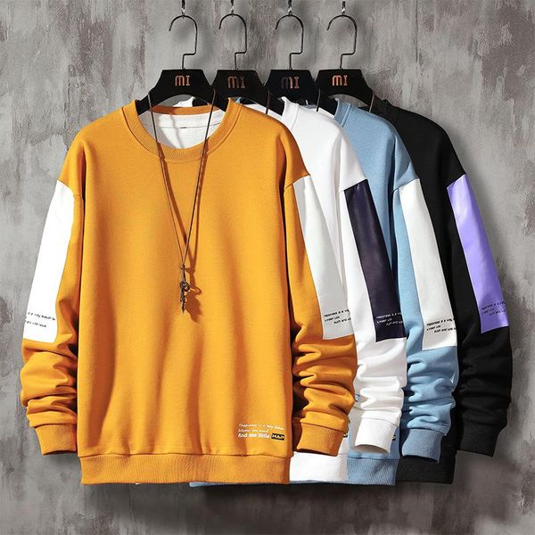

men's hoodies & sweatshirts wholesale plus size 4xl men fashion solid color patchwork crewneck cotton pullover sweatshirt, Black