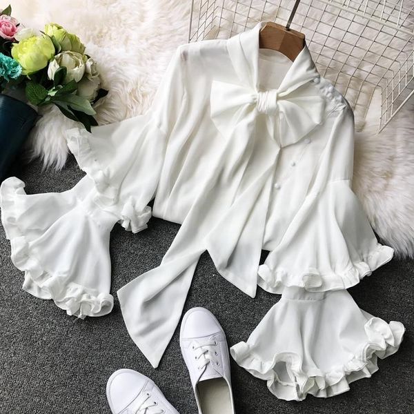 

women's blouses & shirts 2021 fashion ruffles horn sleeve bow chiffon white shirt black red female clothes summer spring