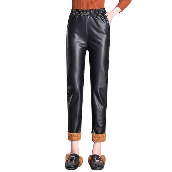 

women's pants & capris mobtrs 2021 women velvet female pu leather high waist warm winter slim plus size trousers woman, Black;white