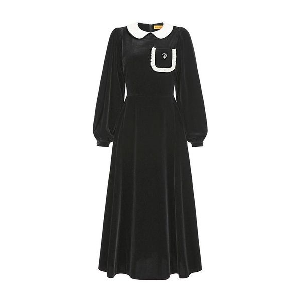 

casual dresses black pocket turn down collar long sleeve autumn velvet moon embroidery midi dress elegant chic d3042, Black;gray