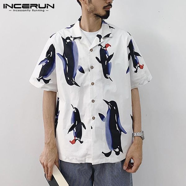 

men's casual shirts incerun fashion men printed shirt streetwear short sleeve lapel button beach summer hawaiian 2021 chemise 5xl, White;black