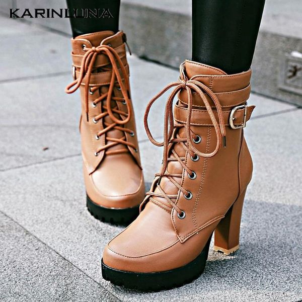 

boots karin 2021 arrivals large size 43 women round toe platform square heel motorcycle spring/autumn shoes, Black
