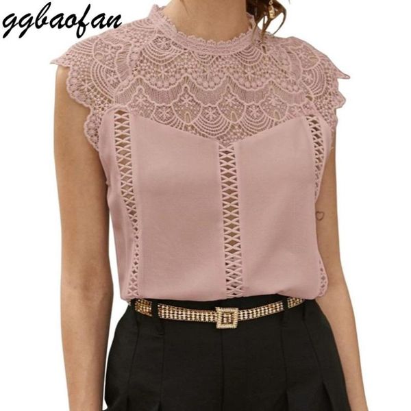 

women's blouses & shirts chic button hollow flower lace patchwork shirt rack round neck wild sleeveless vintage office, White