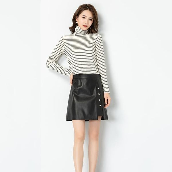 

skirts elegant fashion rivets real leather women mini pencil office lady solid color high waist slim bottoms, Black