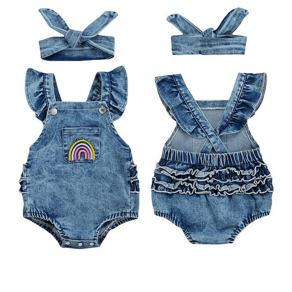 

rompertjes geboren baby meisjes bodysuits 2021 zomer peuter mouwloze backless ruche denim bodysuit + hoofddeksels casual kleding, Blue