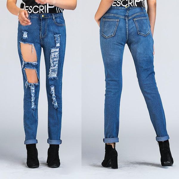

fashion women stretch high waist jeans skinny slim ripped 2021 summer autumn distressed hole pants women's, Blue