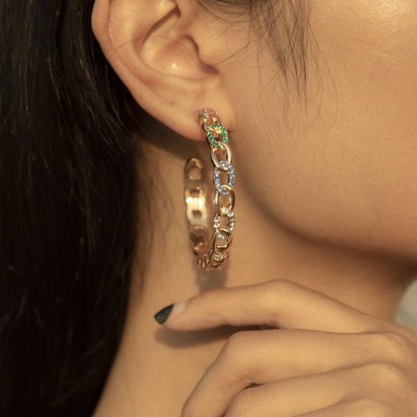 

fashion full bitg crystal circle hoop earrings hollow metal chain piercings oversize for women exaggerated punk jewelry & huggie, Golden;silver