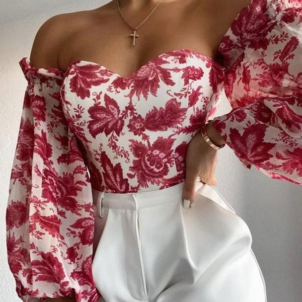 

women's blouses & shirts off shoulder ruffles summer crop fashion ladies holiday beach shirt vintage leaf printed elegant 2021 fema, White