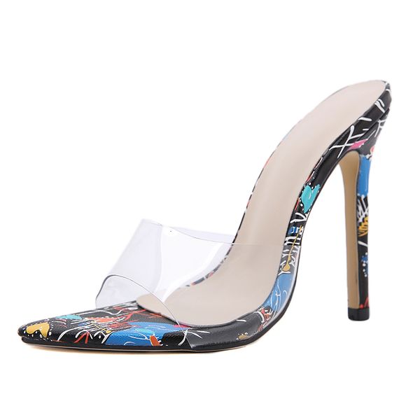 

sandals woman pvc transparent slippers mules high heels ladies summer shoes 2021 fashion print design slides size 42 ljsa, Black